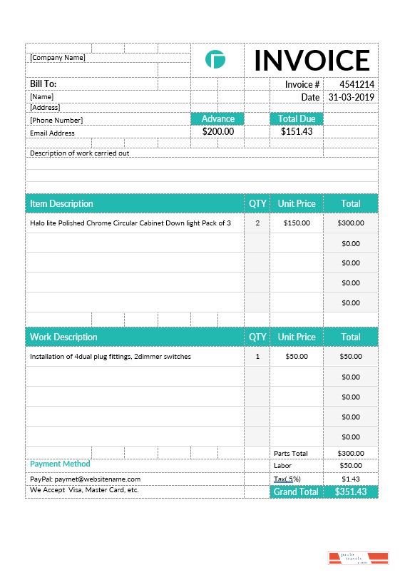 Electrical Contractor Invoice Template PSD template